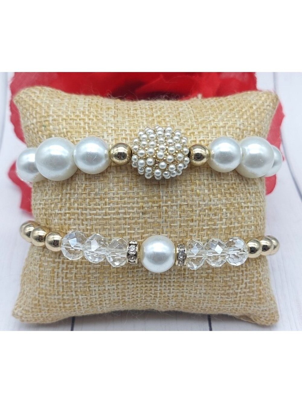 Faux Pearl Crystal Stretch Bracelets Lot of 2 Gold Tone Rhinestone Bridal
